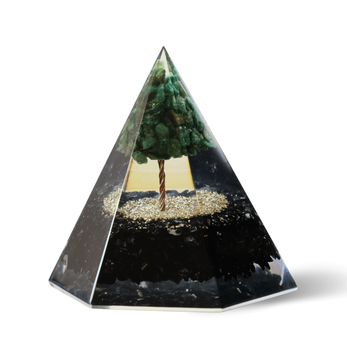 Piramida Orgonica 6 fete 90 mm Nubiana din Turmalina Neagra si Arborele Vietii Jad Verde