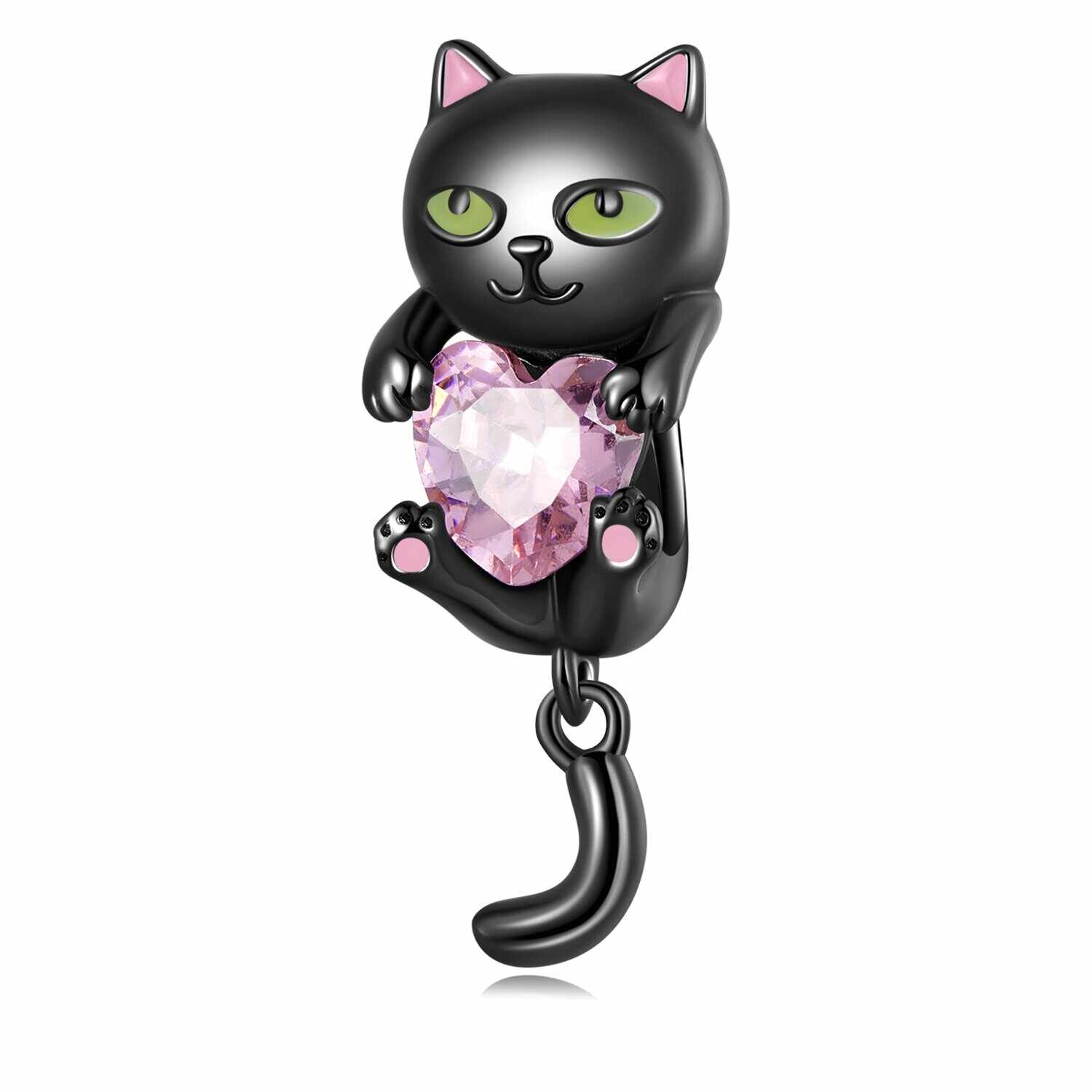 Talisman din argint Pink Hearted Black Cat