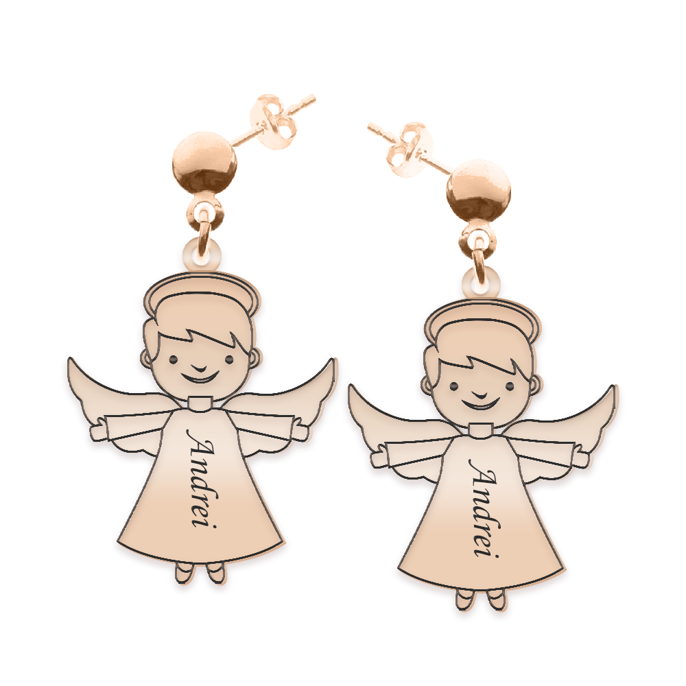 Malaikat - Cercei personalizati baietel ingeras cu tija din argint 925 placat cu aur roz
