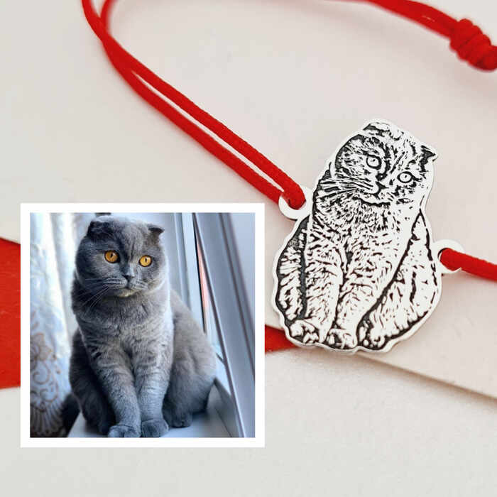 Bratara pisica iubita - Personalizare cu poza - Argint 925 - Snur reglabil, diverse culori