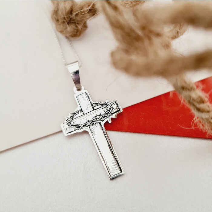 Lantisor Crucea de lemn cu Coroana de spini - Bijuterie cu Har - Argint 925