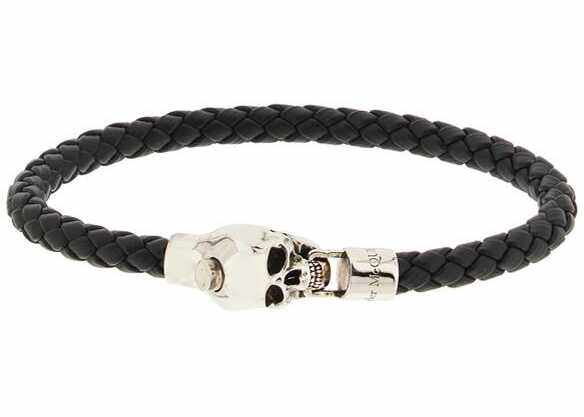 Alexander McQueen Skull Braided Leather Bracelet BLACK
