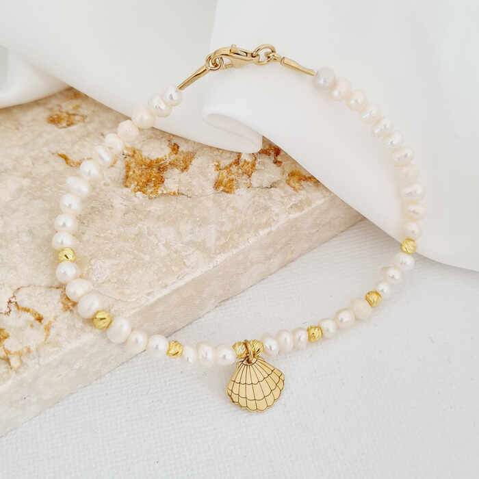 Bratara cu Perle - Charm scoica  Venus - Model sirag perle cu 8 bilute - Argint 925 placat cu Aur Galben 18K