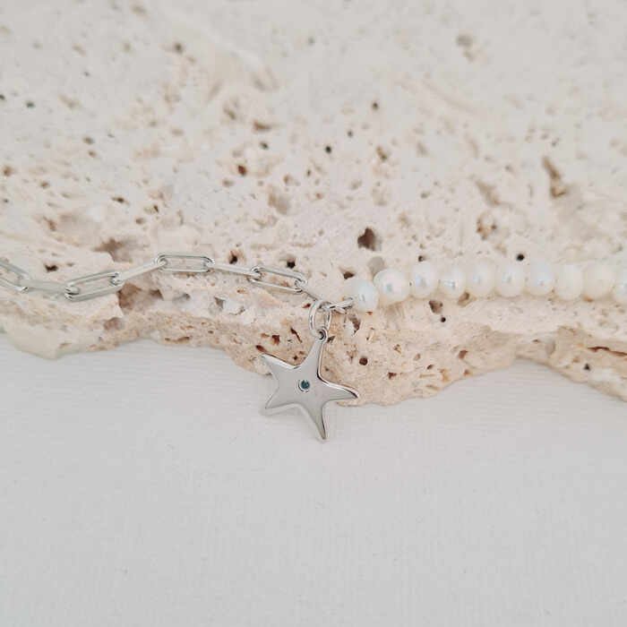Bratara cu Perle - Stea de mare cu Diamant natural - Model combinat cu perle si lantisor zale - Argint 925 Rodiat