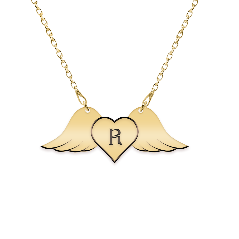 Wings - Colier personalizat cu aripi si inimioara din argint 925 placat cu aur galben 24K