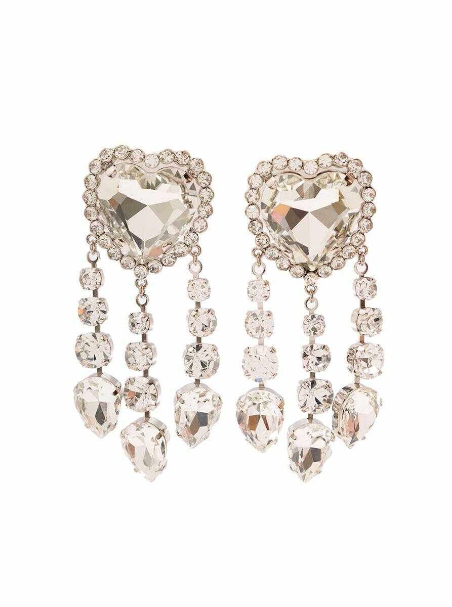 Alessandra Rich Silver-Colored Heart-Shaped Clip-On Earrings with Crystal Pendants in Hypoallergenic Brass Woman Metallic