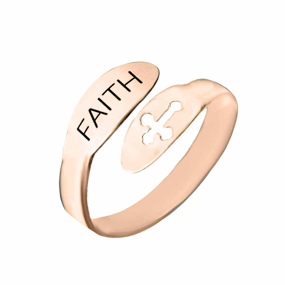 Faith - Inel reglabil personalizat text si cruciulita din argint 925 placat cu aur roz