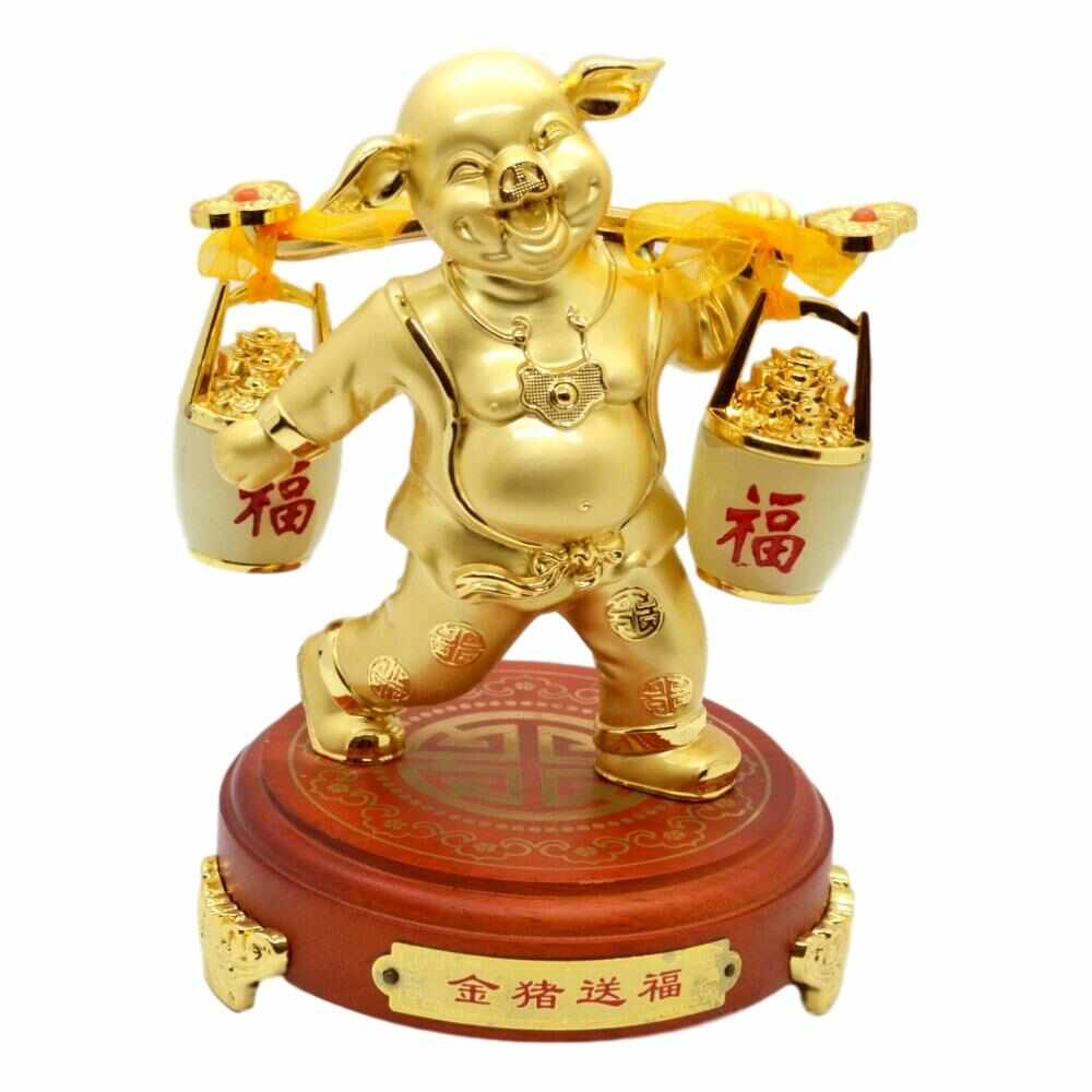 Statueta feng shui porc auriu din metal cu ru yi 16cm