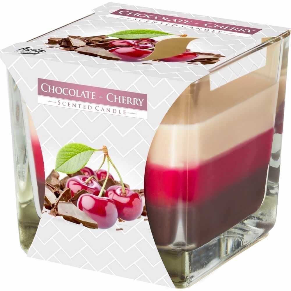 Lumanare parfumata bispol in trei culori pahar patrat - chocolate cherry