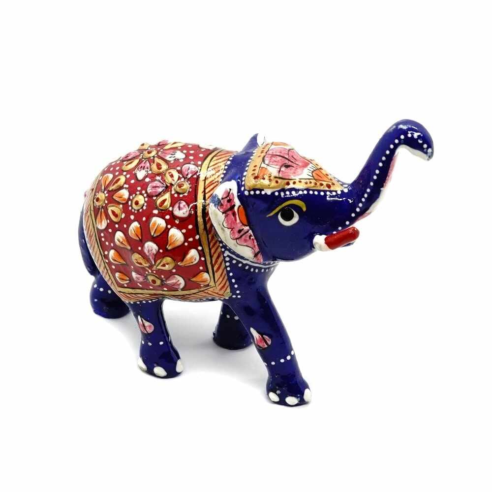 Statueta elefant cu tompa in sus metal emailat albastru cu rosu - 10cm