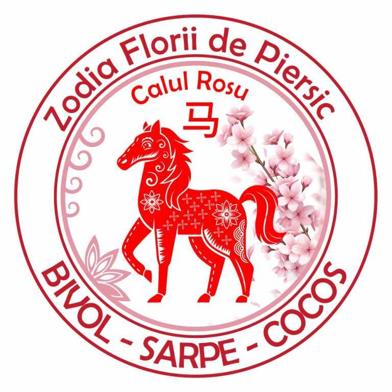 Abtibild sticker feng shui cu cal rosu si floare de piersic - 11cm