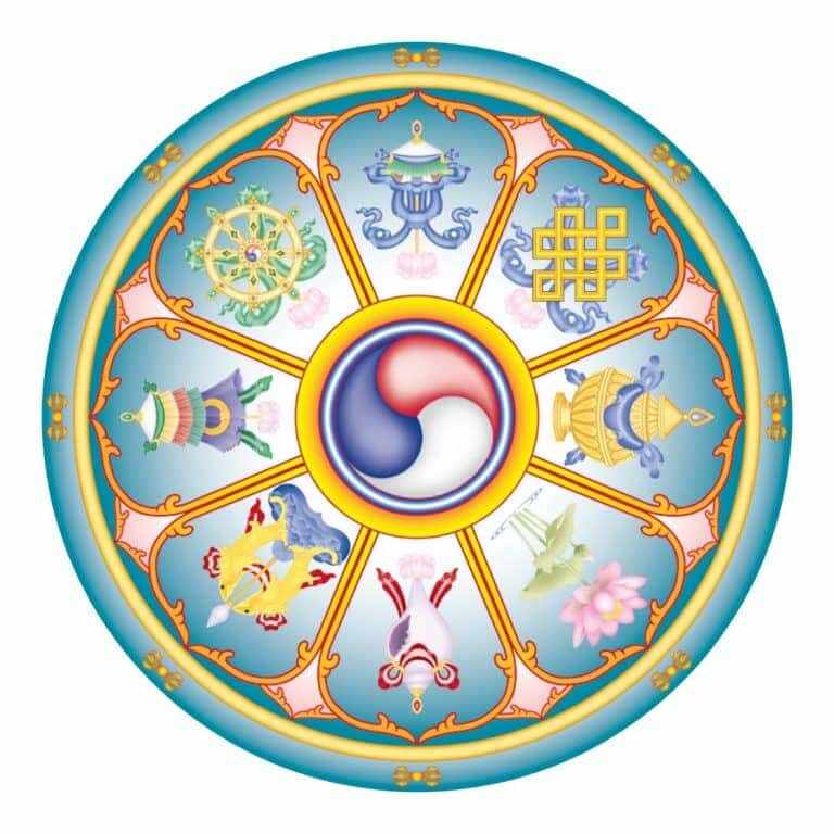 Abtibild sticker feng shui cu cele 8 simboluri tibetane model 1 - 11cm