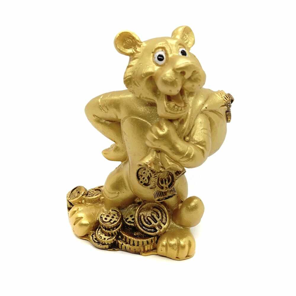 Statueta feng shui tigru auriu cu sacul prosperitatii - 9cm