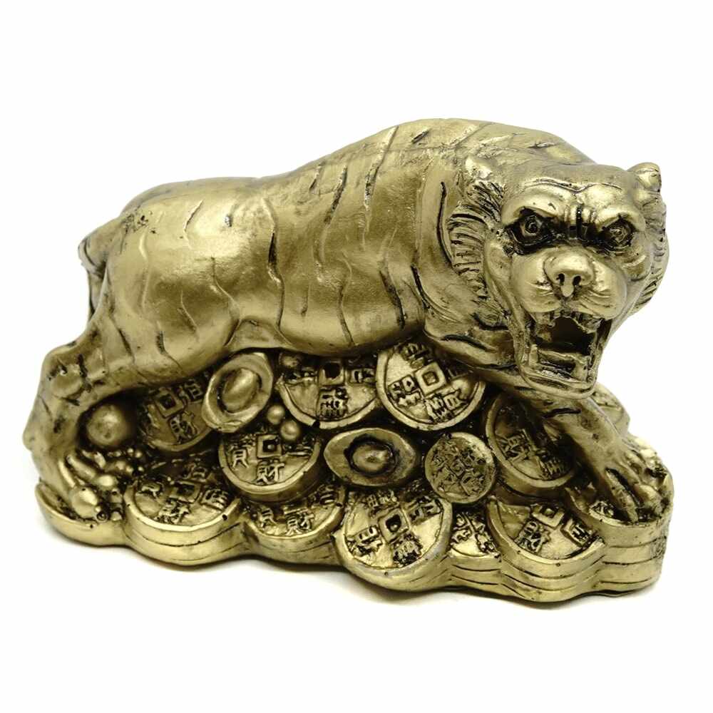Statueta feng shui tigru cu monede si pepite - 9cm