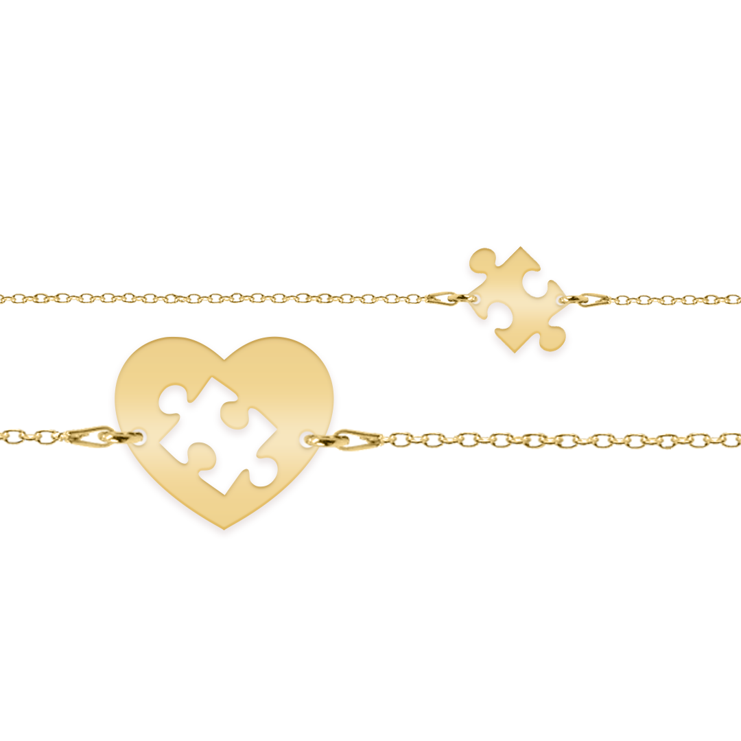 Puzzle - Set bratari personalizate pentru cuplu cu inimioara si piesa puzzle din argint 925 placat cu aur galben 24 Karate